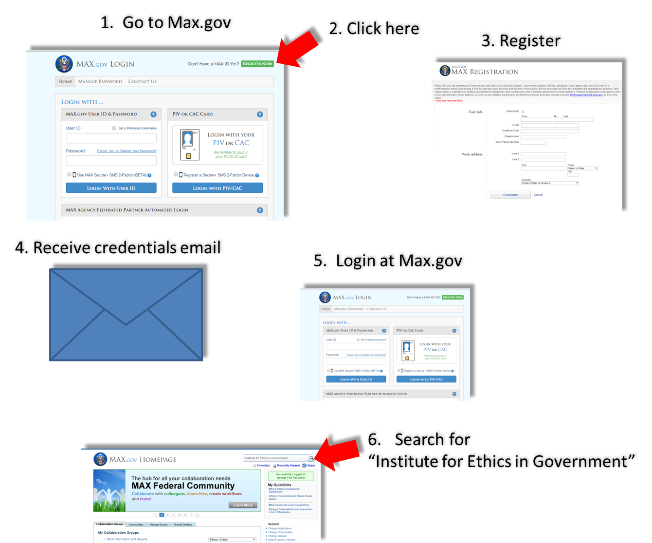 To register for a max.gov account, navigate to max.gov, click on register, and follow the instructions on the sreen.  